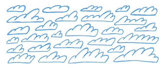 Crayon line clouds set. Naive hand drawn sky. Kids chalk textured elements. Pastel scribble cloudy weather speech bubbles. Vector pencil drawn illustration on white background.