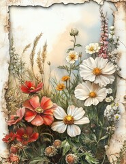 A vibrant array of wildflowers, featuring reds, whites, and yellows, set against a textured, vintage backdrop.