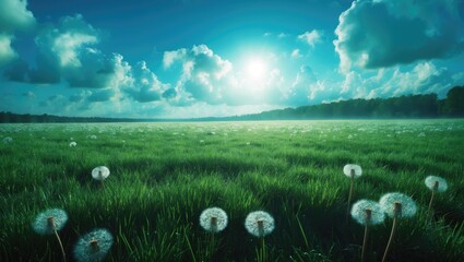 Dandelions in a sunny field beneath a blue sky