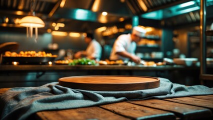 Dimly lit kitchen and restaurant featuring a chef and available seating