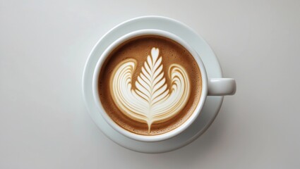 Isolated white background featuring a top view of a latte coffee cup