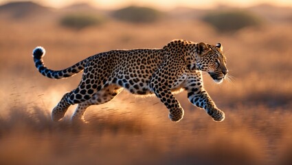 Fototapeta premium Running leopard captured in motion with a softly blurred background in afternoon light