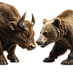 Dramatic illustration of a stock market bull and bear, representing market fluctuations, isolated on transparent background with dynamic poses