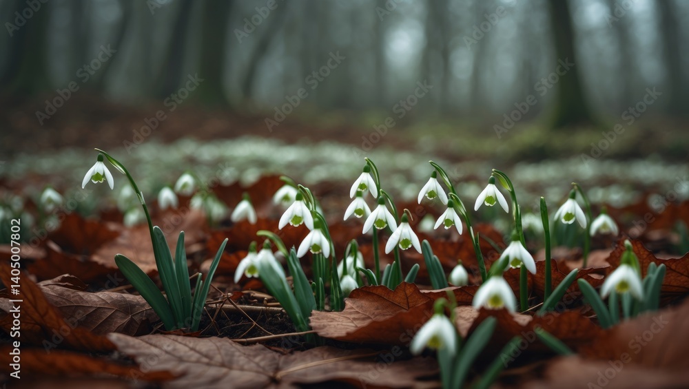 Poster fragile snowdrops pushing through foliage in a serene environment