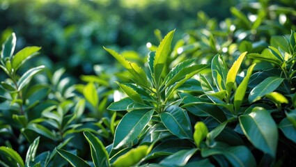 Sunlit organic green tea tree plants in the farm