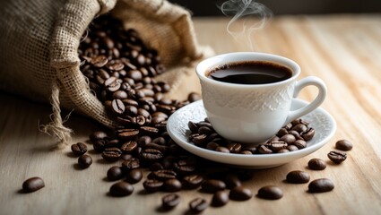 Coffee cup with coffee beans in the background