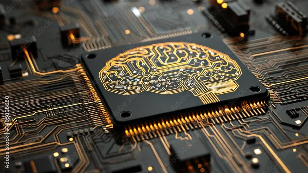 Poster artificial brain circuitry: a detailed close-up shot reveals a golden brain imprinted onto a microch