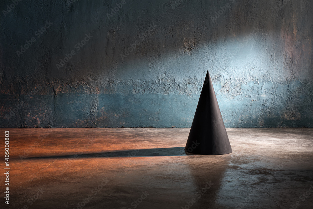 Poster black cone on brown floor against textured blue wall, creating a minimalist, modern display scene wi