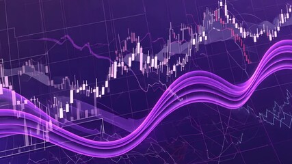 Abstract financial chart with candlestick graph, curved line diagram, and data grid on a purple background, showing market analysis trends. - Powered by Adobe