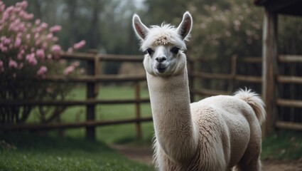 Obraz premium Curly-haired llama positioned in a rustic outdoor scene.