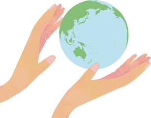 両手で支える地球 ― やさしさと未来を守るイラスト