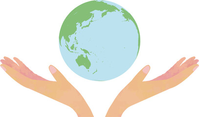両手で支える地球 ― やさしさと未来を守るイラスト