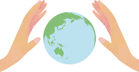 両手で支える地球 ― やさしさと未来を守るイラスト