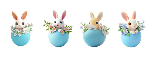 Naklejka premium Set of cute Easter bunnies with flowers, 3d render illustration on transparent background