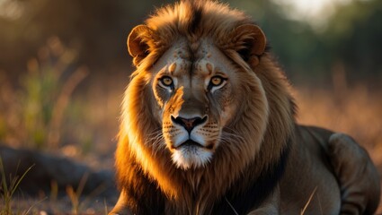 Obraz premium A charming lion with yellow eyes staring gently at the camera, featuring lovely lighting and a blurred background.