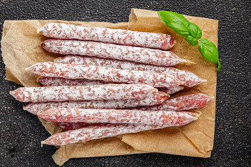 Dried sausage aperitif salami meat product natural food dish organic product fresh tasty gourmet...