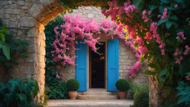 Fototapeta Flourishing bougainvillea, jasmine, and ivy on the faÃ§ade of an ancient stone house