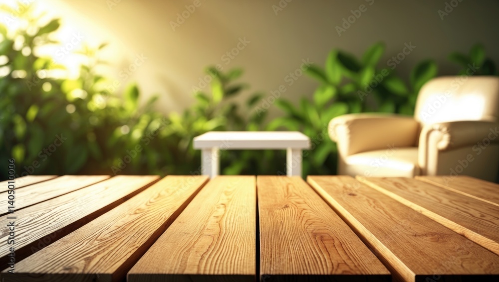Poster product display on a blank wooden table with a blurred waiting area backdrop