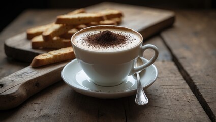 Wooden table featuring a cup of cappuccino coffee