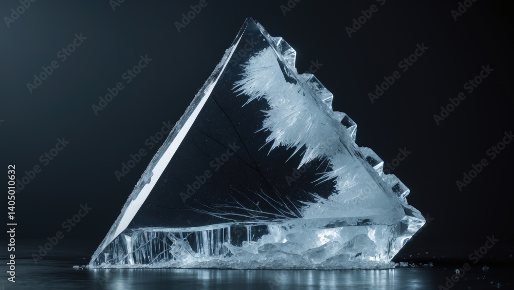 Poster crystal clear triangular ice block featuring cracks on a backdrop