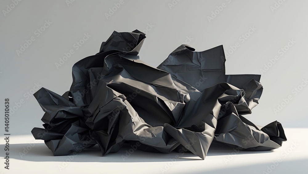 Poster wrinkled black paper surface showcasing lines and highlights creating an abstract design.