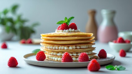 Thin pancakes filled with cottage cheese, strawberries, and mint.