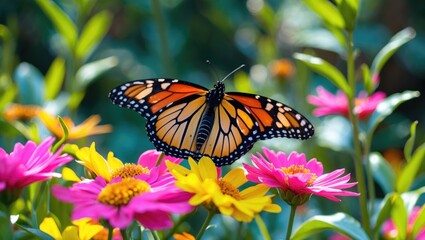 Fototapeta premium Colorful flowers with a Monarch butterfly