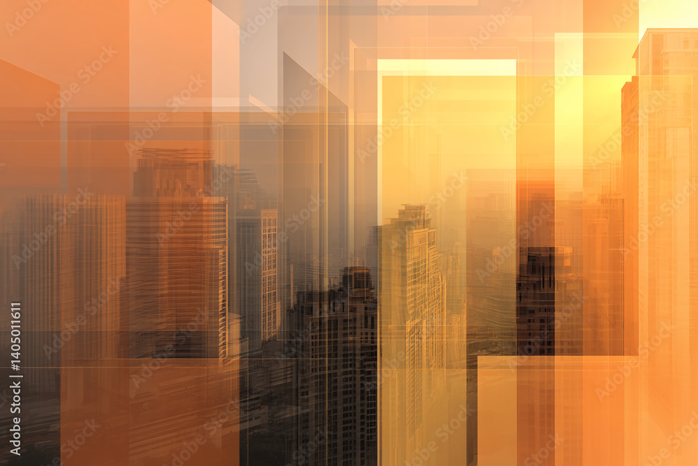Poster Abstract cityscape image in orange and brown hues, showcasing layered rectangular shapes creating depth and a hazy, sunlit effect, symbolizing urban development or modern architecture