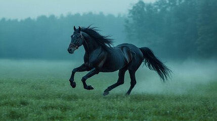 Fototapeta premium Black Horse Running Through Foggy Green Field