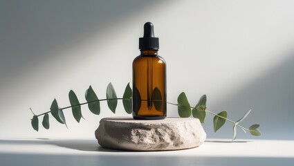 Amber bottle devoid of cap with eucalyptus sprig. Clean white background with daylight and appealing shadows. Skincare serum or essential oil as a natural cosmetic. Beauty idea for body and facial
