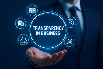 Transparency in Business Holographic Interface with Ethical Icons and Professional in Background