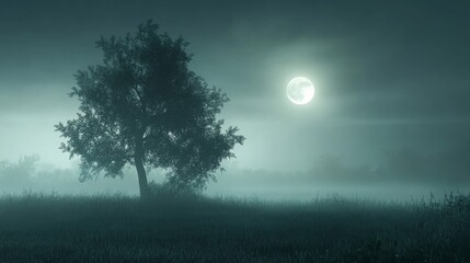 Fototapeta premium Solitary Tree in Foggy Field Under Full Moon at Night