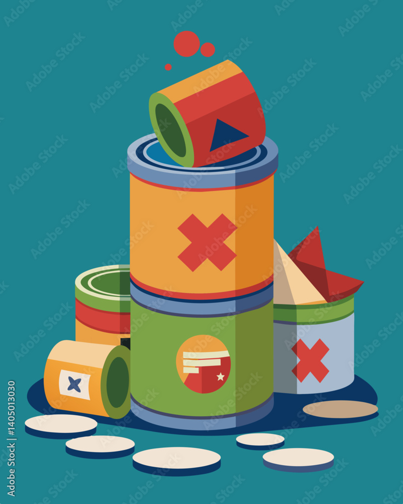 Poster a stack of unod untouched cans of food thrown out due to expiration dates and excess inventory.. vec