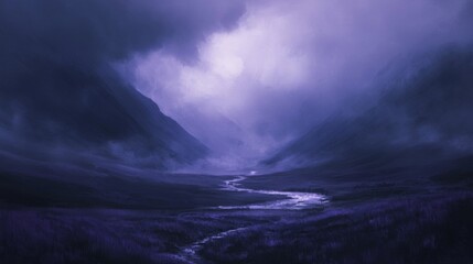 Fototapeta premium Purple Twilight Mountain Valley Landscape with Fog