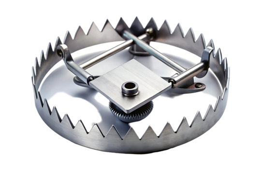 Old rusty metal chain and gear with sharp circular saw and dangerous steel trap elements