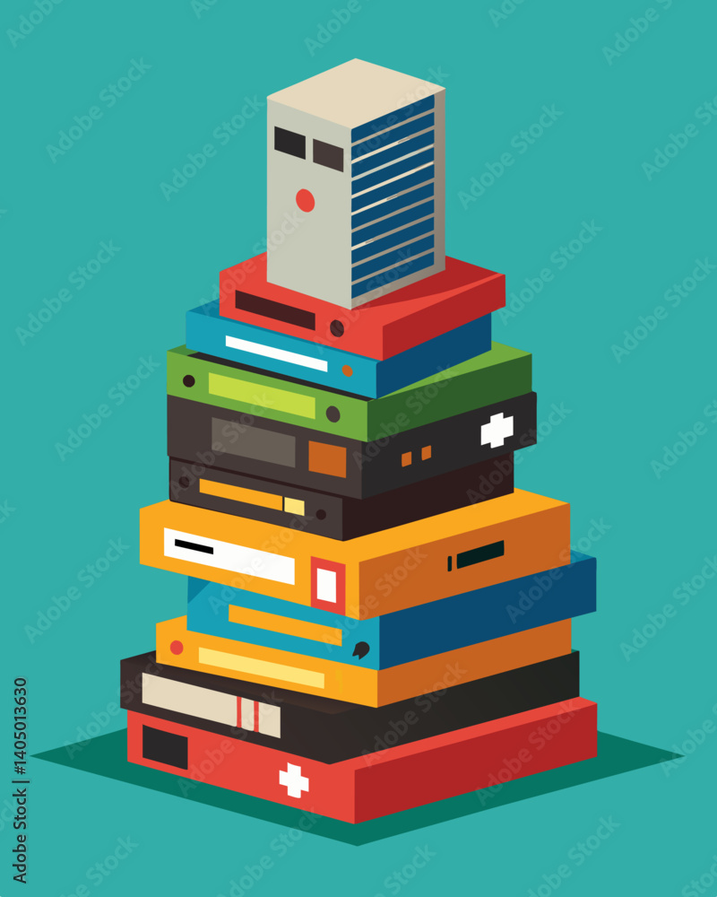 Poster a stack of untouched video games collecting dust in the electronics department.. vector illustration