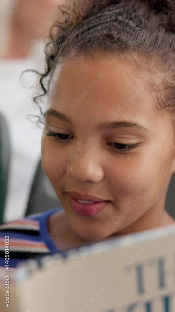 Poster girl, reading and book with kid on bus for language growth, fantasy storytelling and public transpor