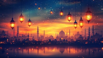 Magical Cityscape at Sunset with Glowing Lanterns