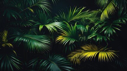 Background of a forest featuring dark green palm leaves