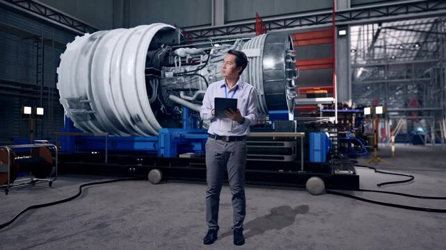 Full Body Side View Of Male Worker With Airplane Engine Maintenance Conducted, Analytics Checking the Turbine, Observes By Looking Up Before He Come To Concentrating On The Tablet And Keep On Typing