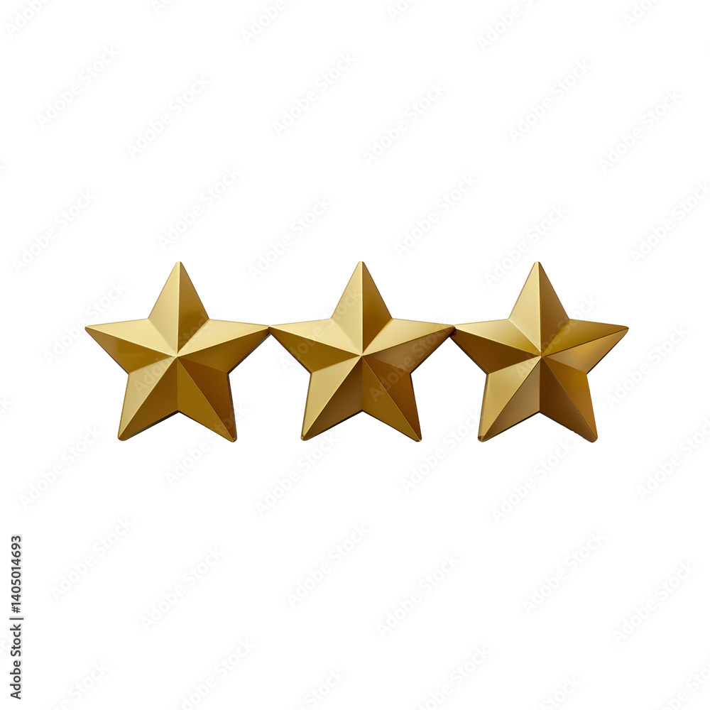 Poster shiny golden stars in a set of three, symbolizing top-tier rating and recognition, isolated on clear