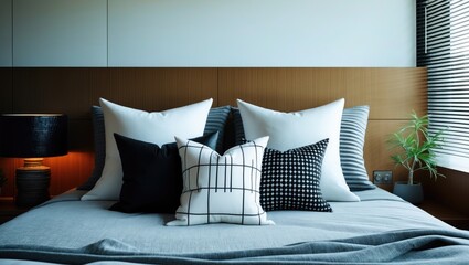 Modern design bed with black and white pillows