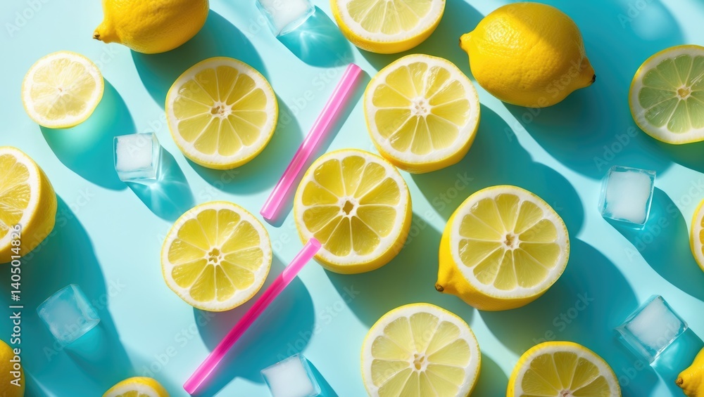 Poster creative summer backdrop featuring lemon slices and ice cubes.