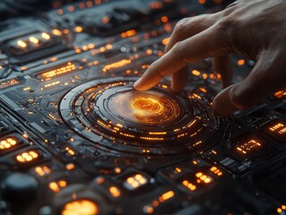 Obraz premium A hand interacting with a glowing futuristic touchscreen interface resembling a circuit board with digital patterns