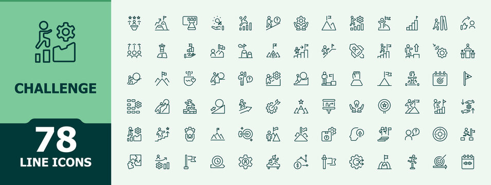 Challenge linear icon collection. Includes thin line symbols difficulty, success, target, performance, achievement and more. Minimalist icons pack. Performance icon. Pixel perfect. Editable stroke.