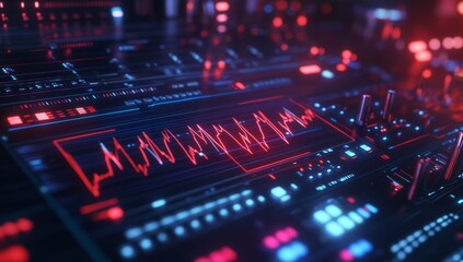 Futuristic data display with vibrant red graphs and controls