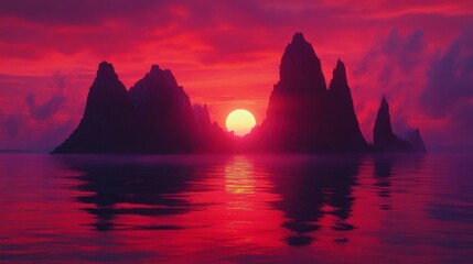 Red Sunset Over Silhouetted Mountains and Calm Ocean
