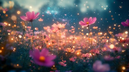 Magical Cosmos Flower Field at Night with Glowing Lights