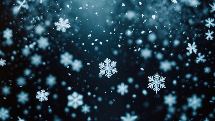 Obraz premium Top image of medium-sized snowflakes falling against a black backdrop for overlay blending effect.