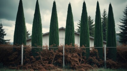 The fence is covered with blackberry bushes, behind which tall green coniferous thujas thrive. A picturesque backdrop of trees and conifers along the fence.